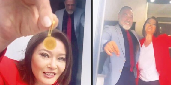 Nurgül Yeşilçay rol arkadaşı Selim Bayraktar'a sette çeyrek altın taktı